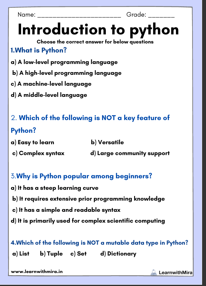 Python programming 25+ Questions Worksheets for Kids