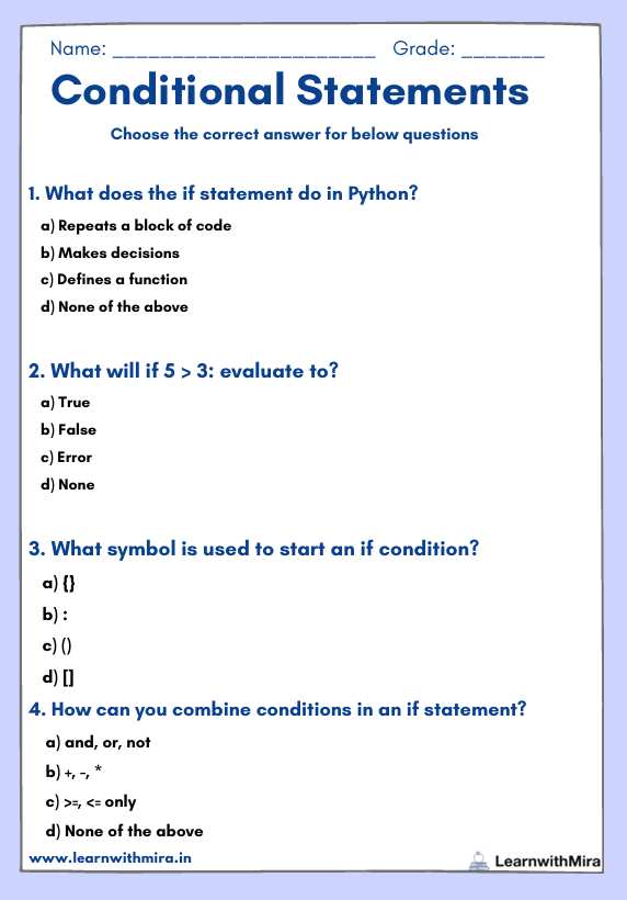 Free Conditional Statements in Python Worksheets